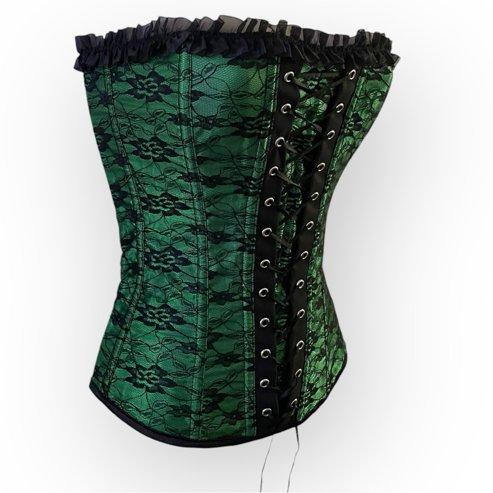 Women’s lace up corset Kelly green ruffle lace overlay size Small zipper - Picture 2 of 4